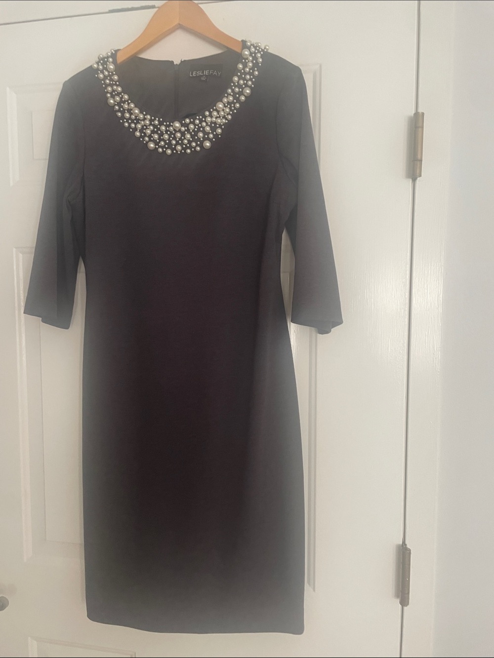 Leslie Fay  Vintage Charcoal Grey Midi Dress with Pearl Collar